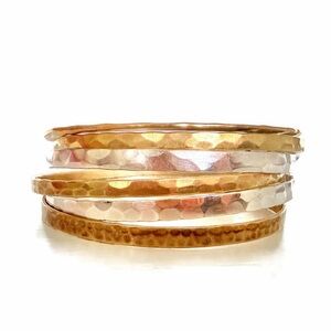 Hammered Sterling Silver & Brass Stacking Bracelets 6 Bangle Set Mixed Metal